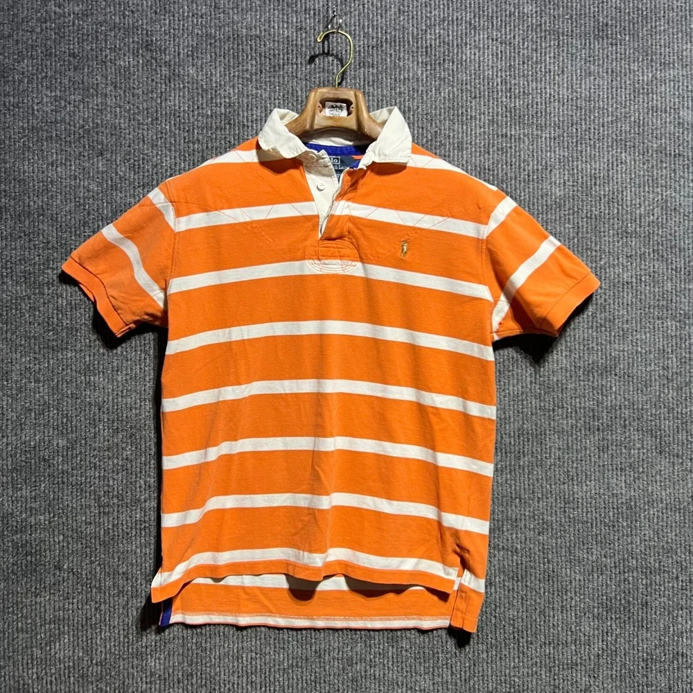 Polo Ralph Lauren Rugby Shirt Mens L Orange White Striped Quilted Short Sleeve